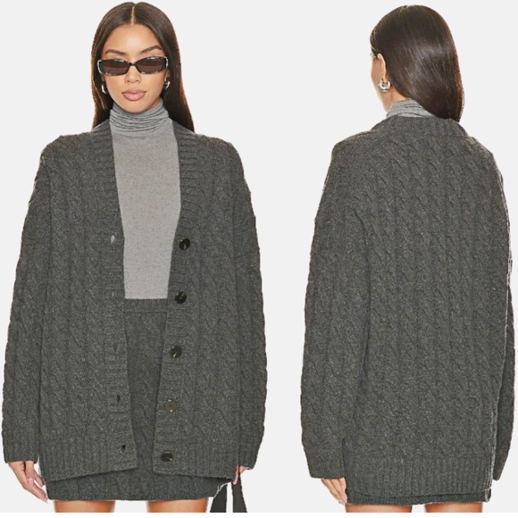 Theory Cable Knit Wool-Cashmere Oversized Cardigan Charcoal Grey - L - Picture 4 of 5